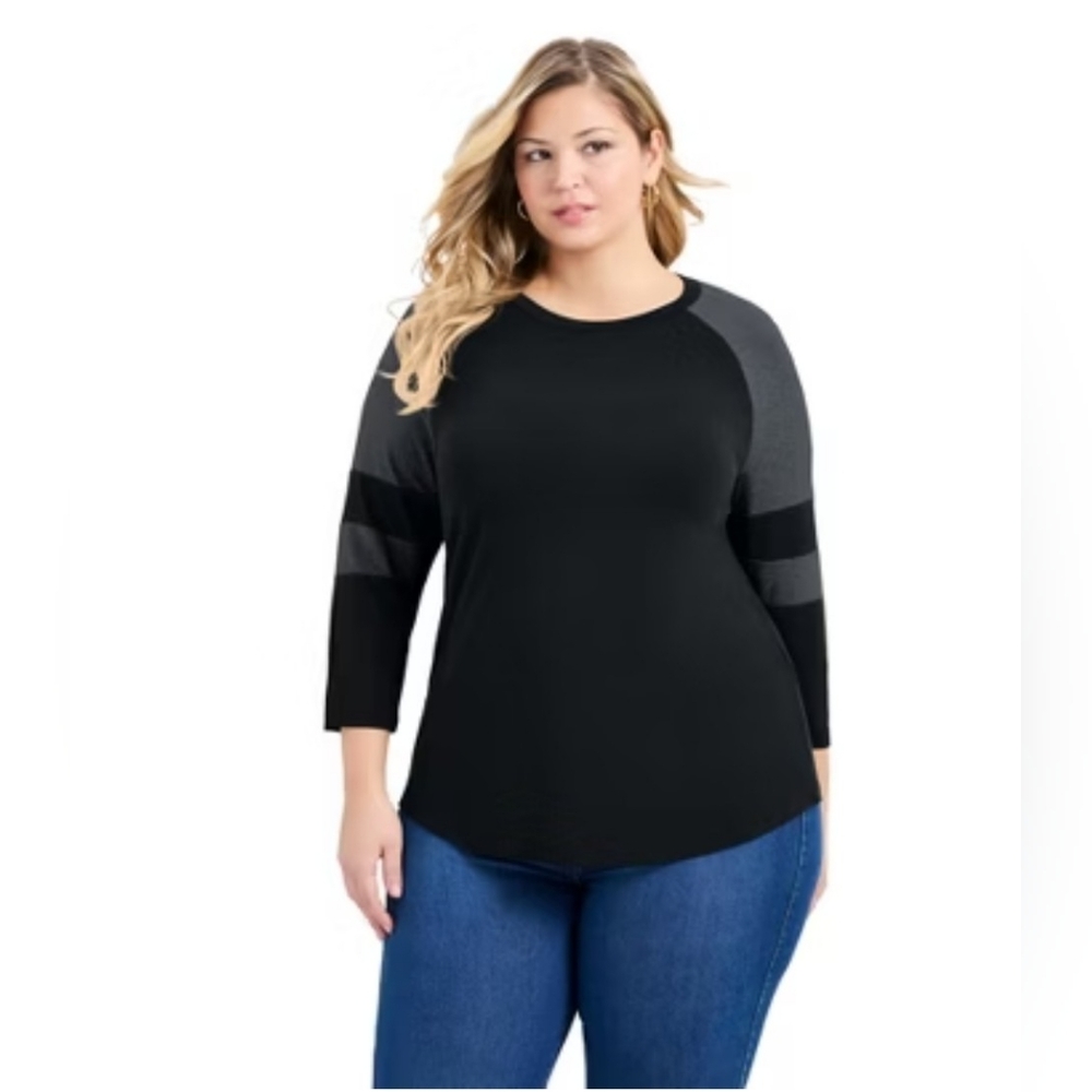 Avenue Women's Black and Olive Green Baseball Raglan 3/4 Sleeve Top